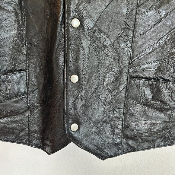 Vtg Leather Works Vest XL Black Patchwork Leather Snap Front Biker Moto USA - Picture 3 of 12